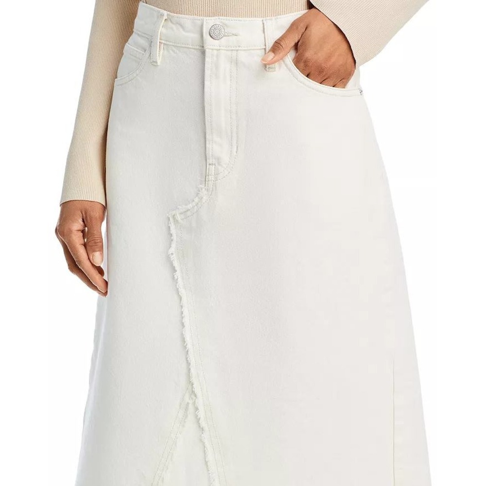FRAME Midi Denim Skirt Natural Clean White Deconstructed Frayed Hem 24